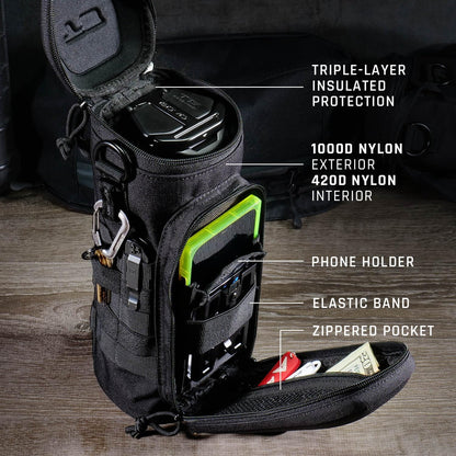 GOVO U1 Water Bottle Pouch with Zippered Hardshell Cap, Fits Up to 40oz Bottle, Molle System, Heavy Duty, Made With 100% Nylon