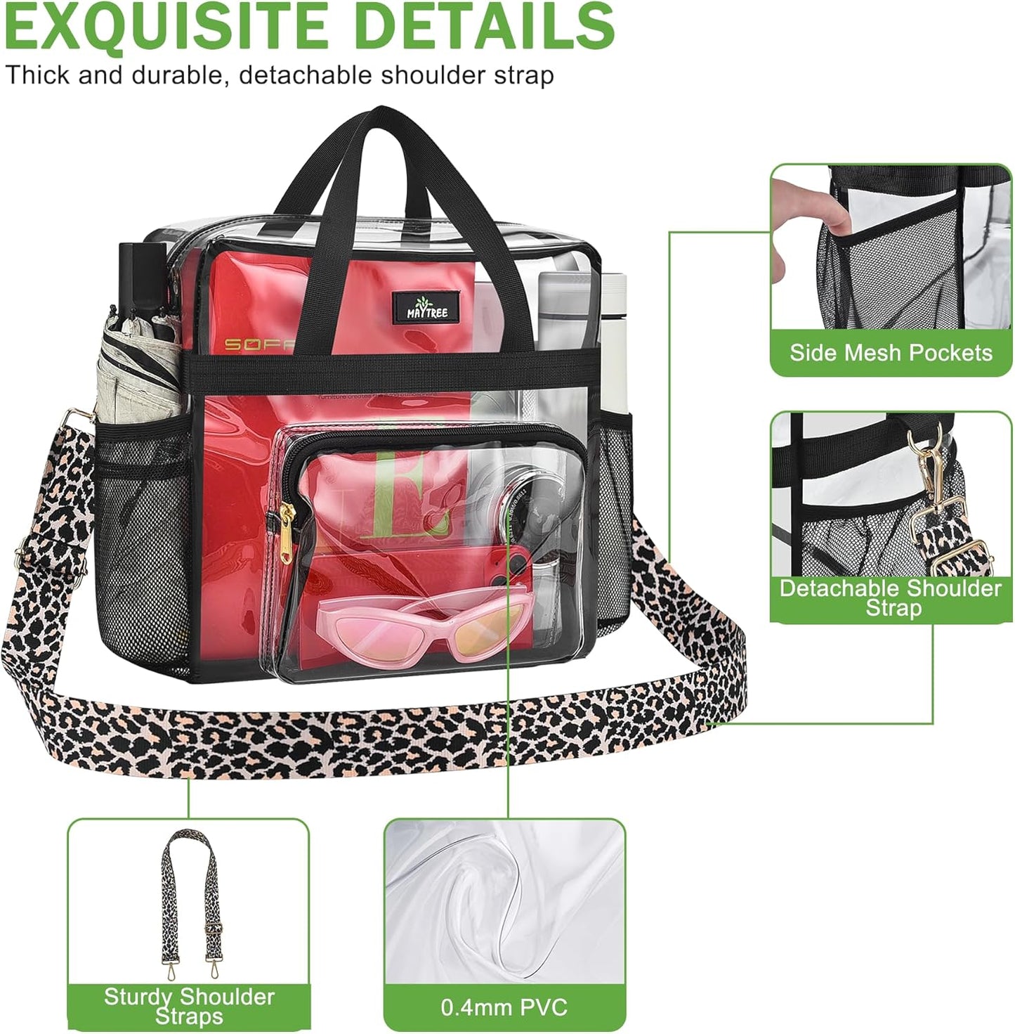 MAY TREE Clear Bag for Stadium Events, 12×5.5×12 Clear Tote Lunch Bag with Non-detachable Reinforced Straps for Work, Sporting Events and Gym, Black