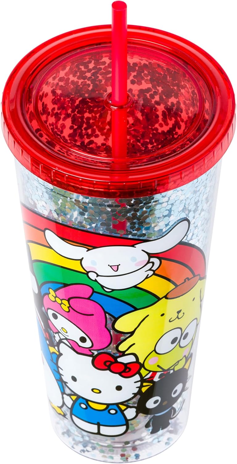 Silver Buffalo Sanrio Hello Kitty Milk Carton Pattern Plastic Boba Tumbler w Lid and Wide Straw, 24 Ounces