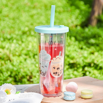 sweet grain Reuasble Boba Cup, 24 oz 100% Leak Proof and Double Wall Insulated Iced Coffee Tumbler with Reusable Plastic Straws and Straw Cleaner(Sky Blue)
