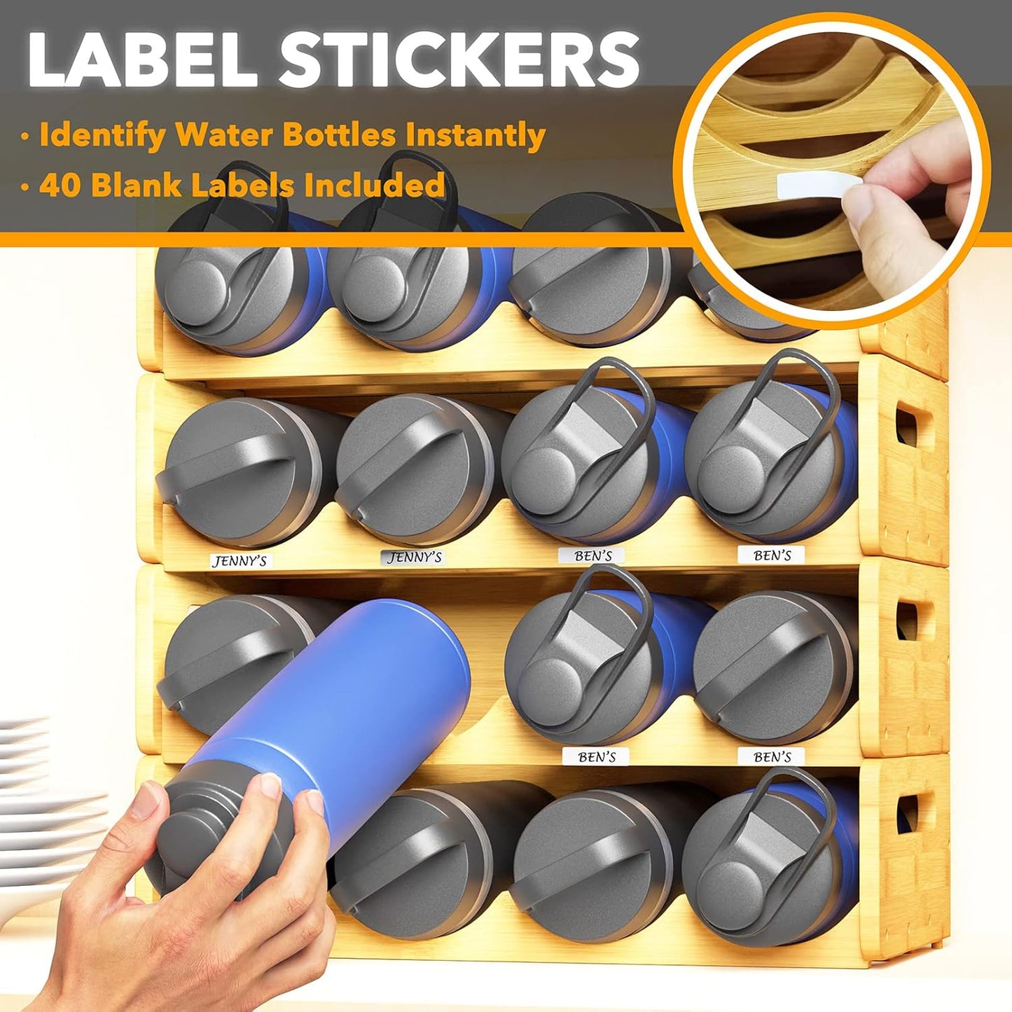 SpaceAid Bamboo Water Bottle Organizer with Labels, Kitchen Pantry Water Bottle Storage Rack for Cabinets, Home Cup and Wine Bottle Holder Shelf Organizers, 2 Pack 4-Slot, Hold 8 Bottles