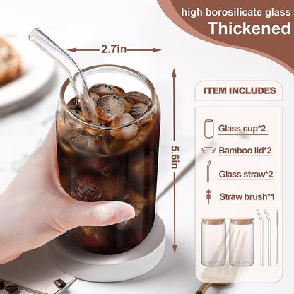 DWTS DANWEITESI Iced Coffee Cups with Lids 2 pcs,16 oz Glass Cups with Lids and Straws as Coffee Bar Accessories,Beer Drinking Glasses,Reusable Glass Tumbler,Cute Coffee Cups for Coffee, Juice, Gifts