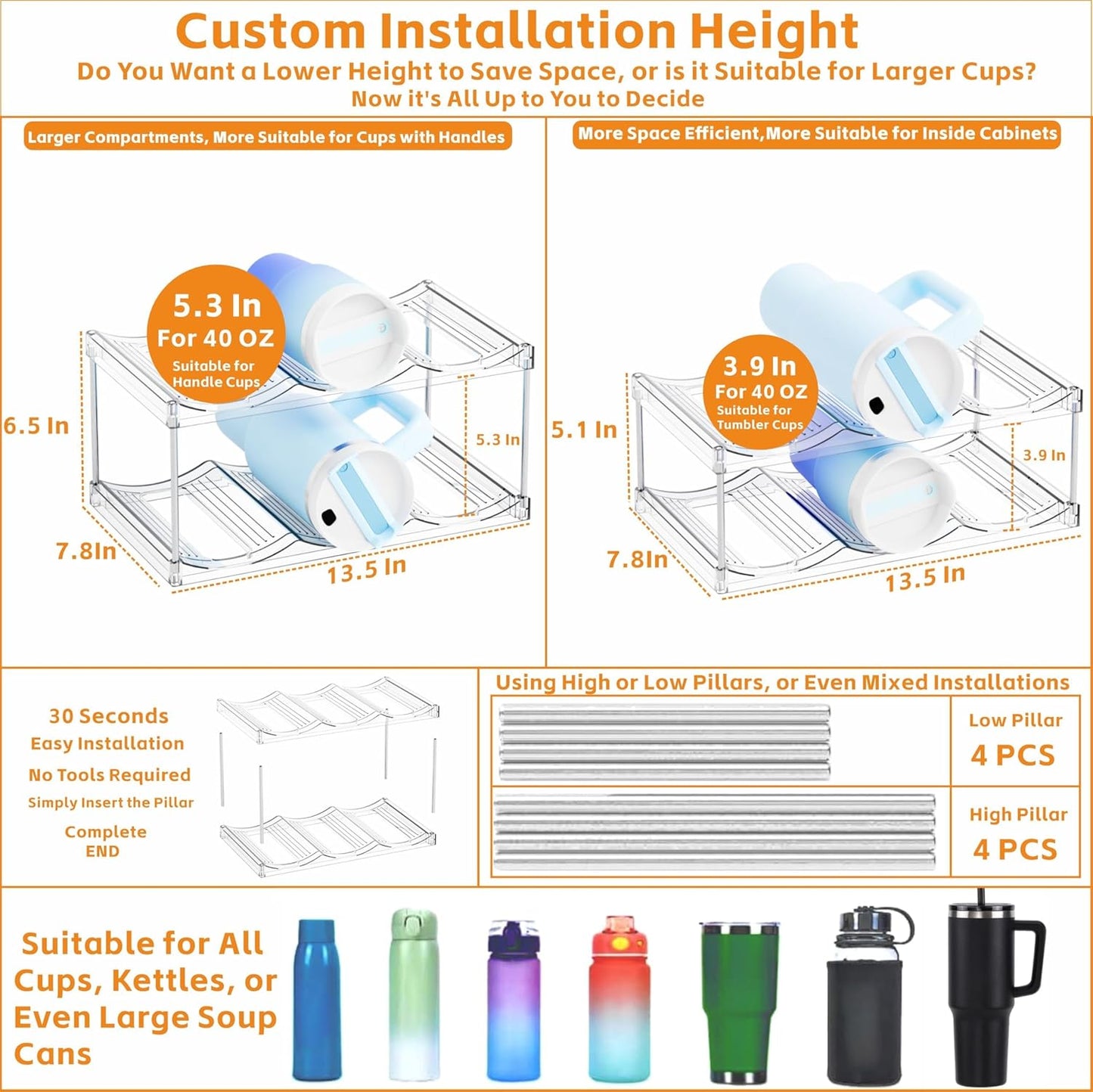 Yieach Larger Compartments Stackable Water Bottle Organizer for 40 oz Stanley Cup Holder,Yeti and Other Tumbler Organizer,3 Tier Wine Rack and Waterbottle Storage Rack for Kitchen Cabinets,Countertop