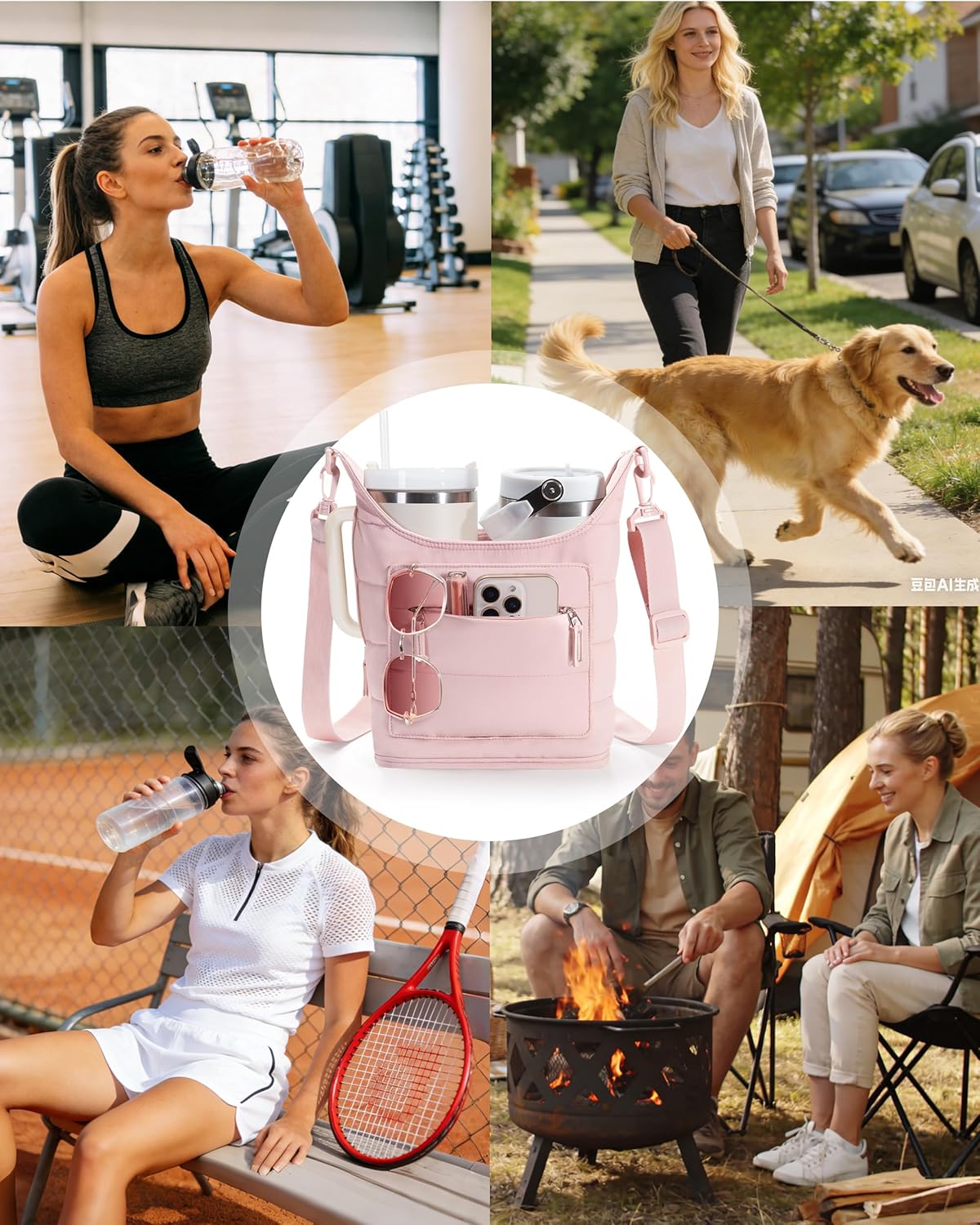 Water Bottle Holder with Strap for 2 Cups, Water Bottle Sling Bag with Phone Pocket, Tumbler Carrier Bag for Walking, Hiking, Camping
