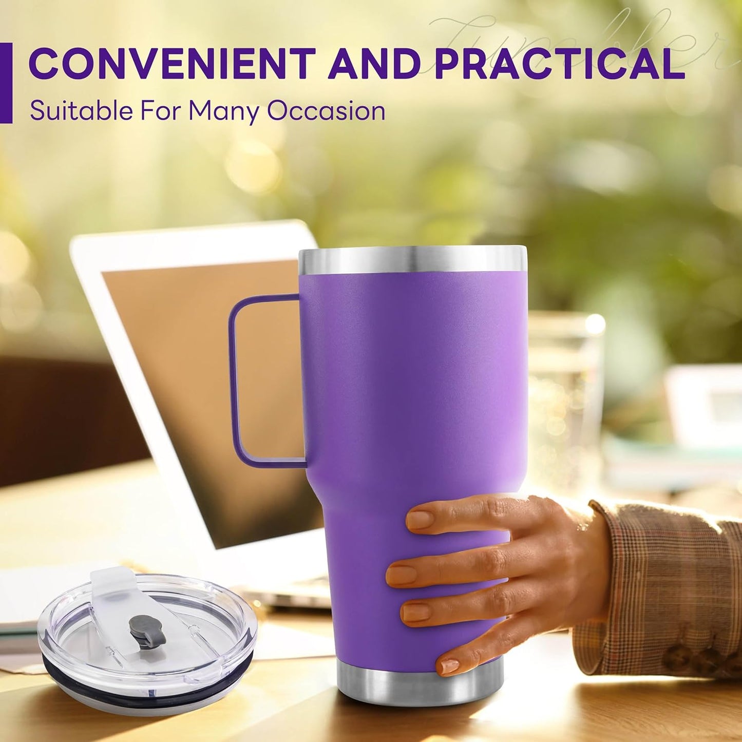 30 oz Tumbler With Handle, Double Wall Stainless Steel Vacuum Insulated Travel Mug with Splash-Proof Lid Metal Straw and Brush (Cream)