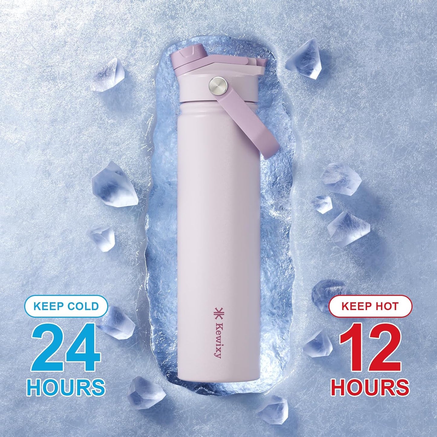 KEWIXY 32 oz Insulated Water Bottle, 2-in-1 Lid, Straw & Spout with Protected, Leak Proof, Keep Cold, Stainless Steel, Metal, Reusable, Handle, for Outdoor, Gym and School, 2 Lids, Blush Pink