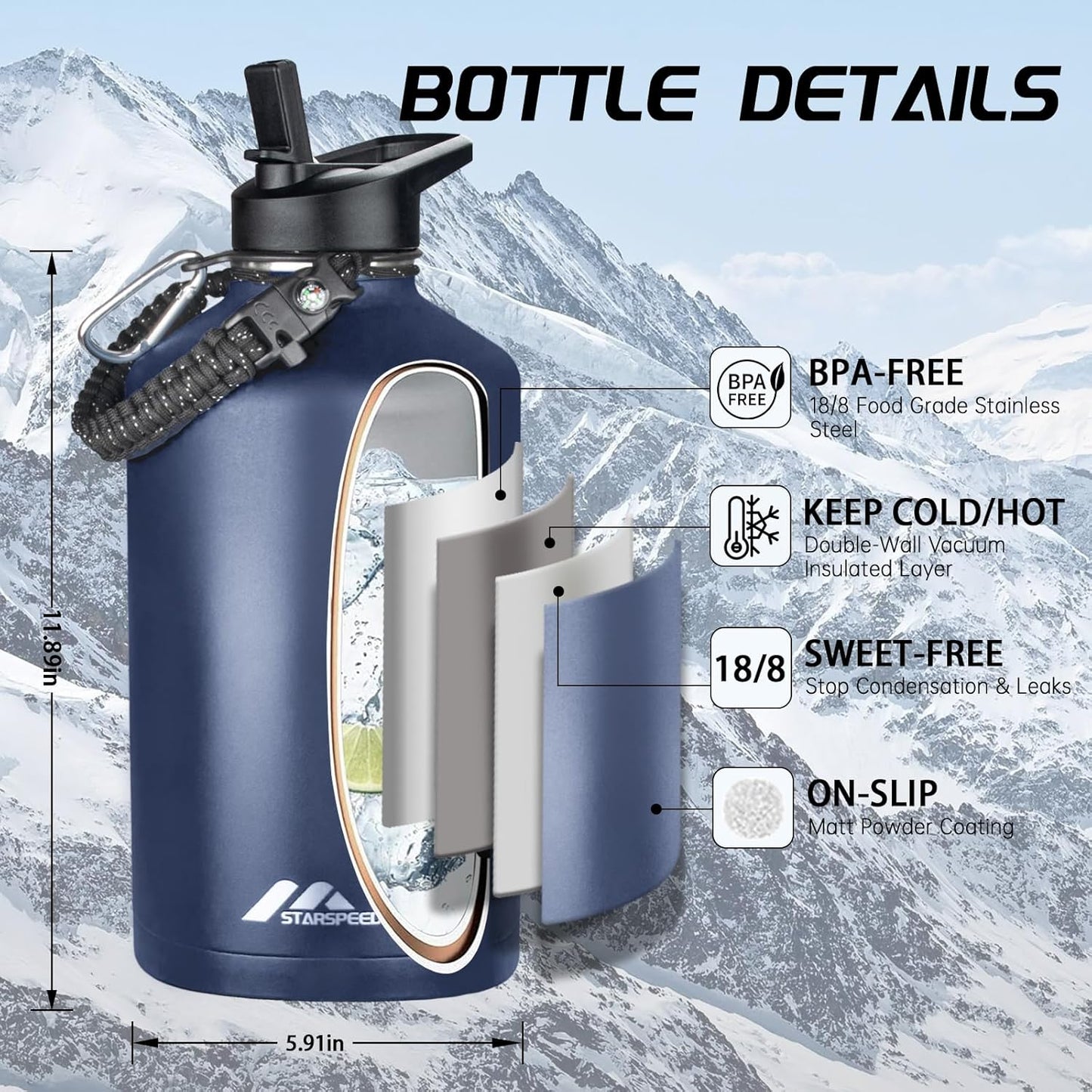 StarSpeed 32oz Insulated Water Bottle with Straw Lid, Stainless Steel Double Walled Vacuum Water Flask, Wide Mouth Sports Water Bottle for Gym Camping Hiking, Indigo Black
