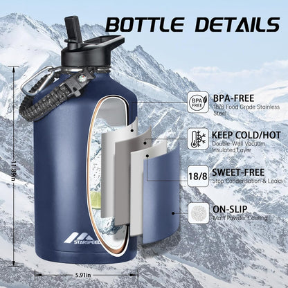 StarSpeed 32oz Insulated Water Bottle with Straw Lid, Stainless Steel Double Walled Vacuum Water Flask, Wide Mouth Sports Water Bottle for Gym Camping Hiking, Indigo Black