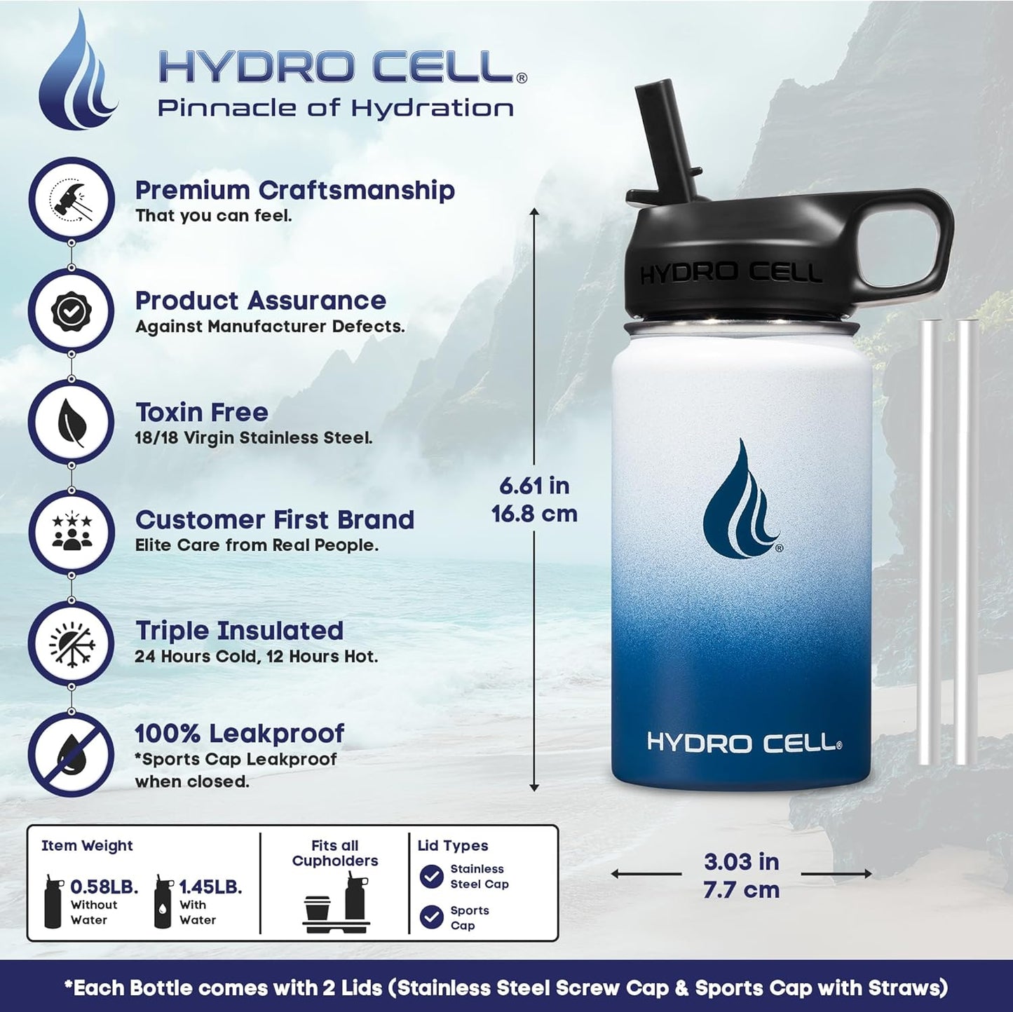 HYDRO CELL Stainless Steel Insulated Water Bottle with Straw - For Cold & Hot Drinks - Metal Vacuum Flask with Screw Cap and Modern Leakproof Sport Thermos for Adults (Neon 18oz)