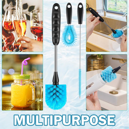 12.2 inch Bottle Brush Set of Three，Washable Coffee Cups, Water Bottles, Baby Bottles, Straws, to-go Cups, Long-Handled 3-in-1 Stainless Steel Bottle Brushes. (Blue)
