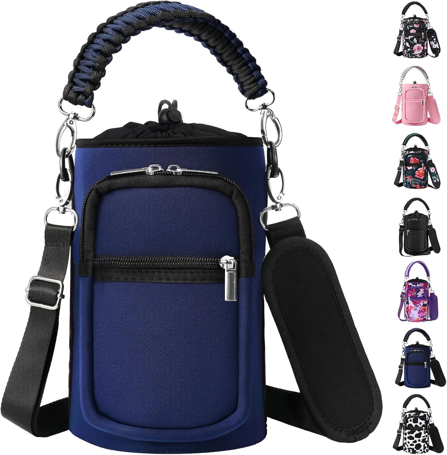 AceTreker 32/40/64/128 oz Neoprene Insulated Water Bottle Carrier Bag, Sling Bag Sleeve Pouch Holder with Strap & Paracord Handle and 2 Pocket for Travelling, Hiking, Camping