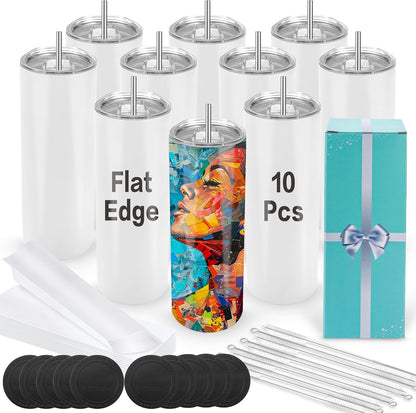 Joyclub Sublimation Tumblers Blanks 20 oz 10 Pack Skinny Straight Tumblers Bulk Stainless Steel Insulated Sublimation Cups with Lid and Straw, Gift Box