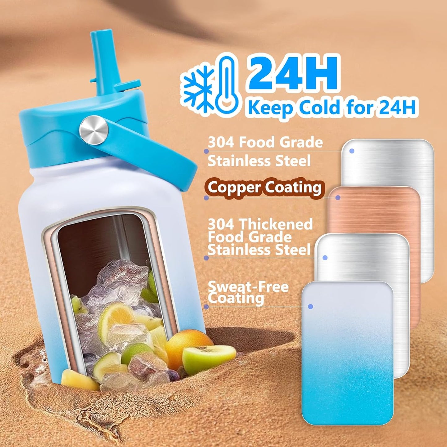 Insulated Water Bottle with Lid & Boot & Stickers, 24 oz Stainless Steel Sweat Free Bottle Keep Cold 24H, BPA-Free Sports Wide Mouth Water Bottle, BlueBlack
