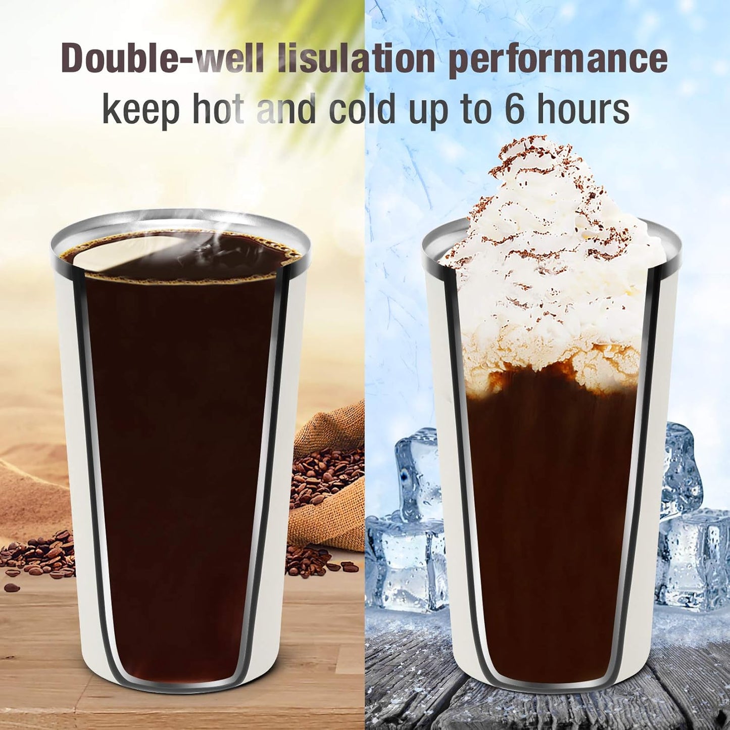 17oz (510ml) Vacuum Insulated Coffee Travel Mug, Leak proof Double Wall Stainless Steel Reusable Cup with Lid, Thermal Tumbler for Hot and Cold Drinks, Matte Texture White