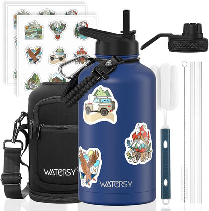 40oz Insulated Water Bottle (Cold for 48 Hrs),BPA Free&Leak Proof,Stainless Steel Water Flask,Water Jug with Straw Spout Lids for Gym,Hiking,Travel,Black Blue