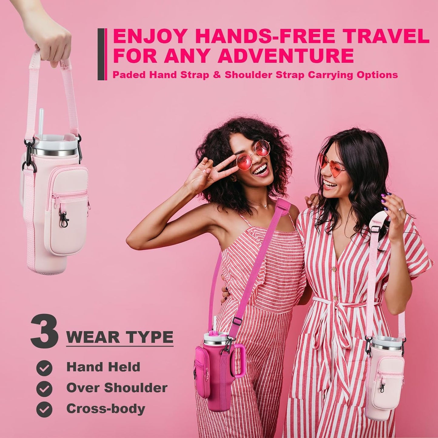 BULKITEM Water Bottle Carrier Bag with Phone Pocket for Stanley 40 & 30 oz Tumbler with Handle,Pink Insulated Neoprene Cup Holder Pouch w/Adjustable Strap for Quencher H2.0 Stanley Cup Accessories