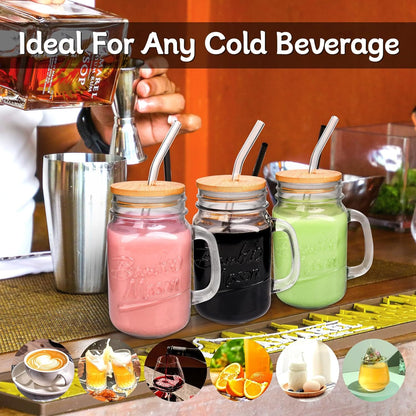 ANOTION Mason Jar Iced Coffee Cup with Lid and Straw, 24oz Regular Mouth Mason Jars with Handle Glass Coffee Drinking Glasses Tumbler Reusable Cups Bottles for Iced Coffee Cups for Travel Office Home