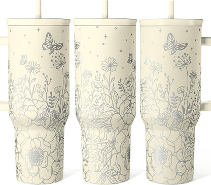 Floral Tumbler with Handle 40oz, Stainless Steel Insulated Tumblers Coffee Travel Mug Cup with Straw, Flower Coffee Cup Gifts for Women Girls, Gift for Her on Christmas Birthday Mothers Day