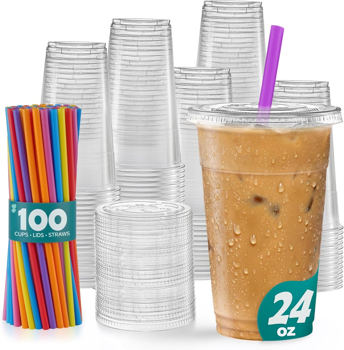 GUSTO [24 oz. - 100 Count Clear Cups with Flat Lids & Straws - Disposable Clear Drinking Cups for Iced Coffee, Cold Drinks, Milkshakes, and Smoothies - Formerly Comfy Package