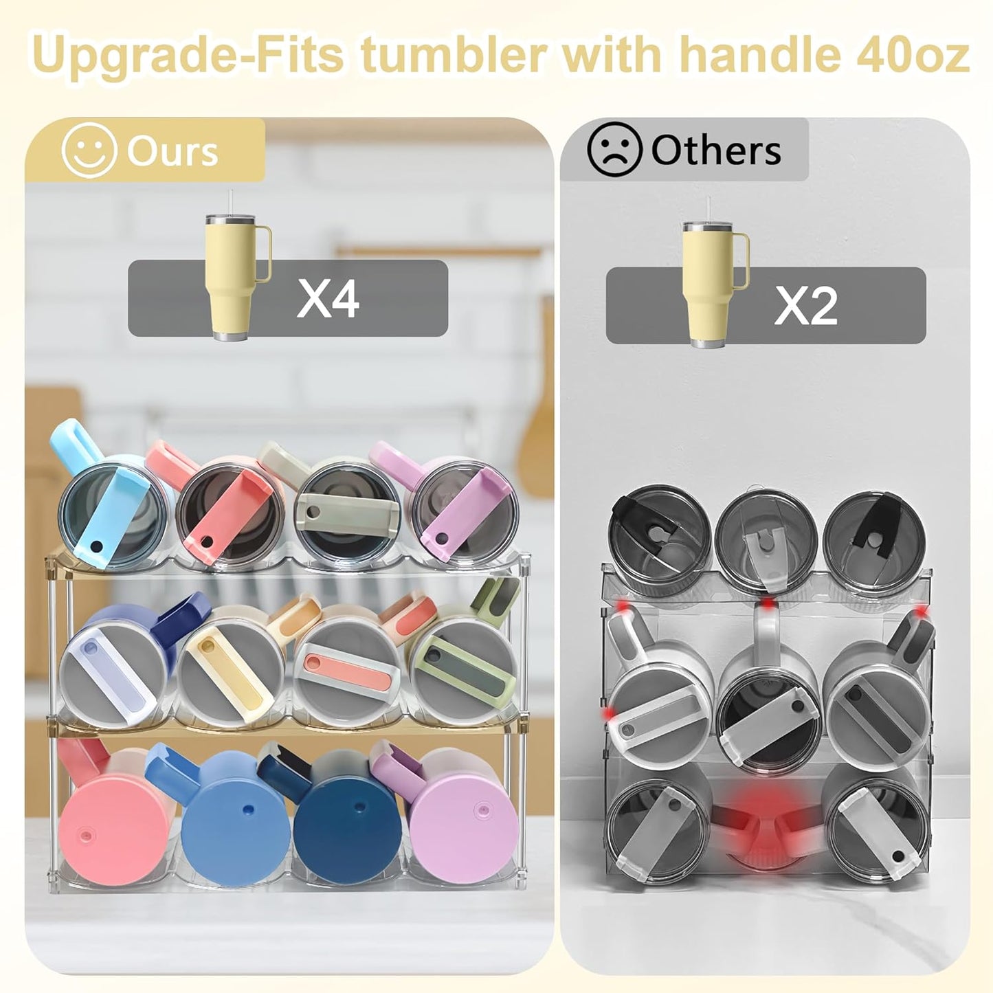 Stackable Water Bottle Organizer for Cabinet - Acrylic Tumbler Organizer Storage Rack for Stanley 40oz, Stanley Cup Holder, Pantry Kitchen Organizers and Storage for Stanley Cup, Holds 12 Bottles