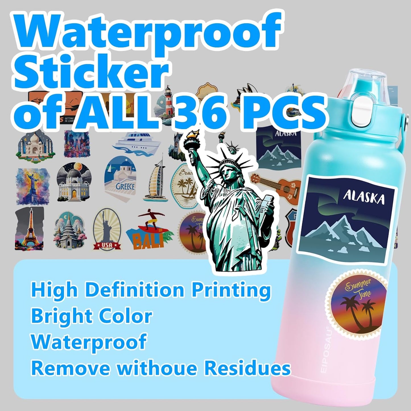 Insulated Water Bottle with Lid & Boot & Stickers, 24 oz Stainless Steel Sweat Free Bottle Keep Cold 24H, BPA-Free Sports Wide Mouth Water Bottle, BlueBlack