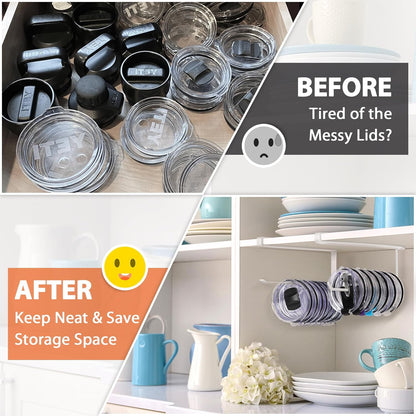 Tumbler Lid Organizer, Horizontal Tumbler Lid Storage Hook Up to 10 Lids, Space Saving Cup Lid Holders Under Cabinet Tumbler Lid Hook for Kitchen Organizer and Storage,Hanging Paper Towel Rack Hanger