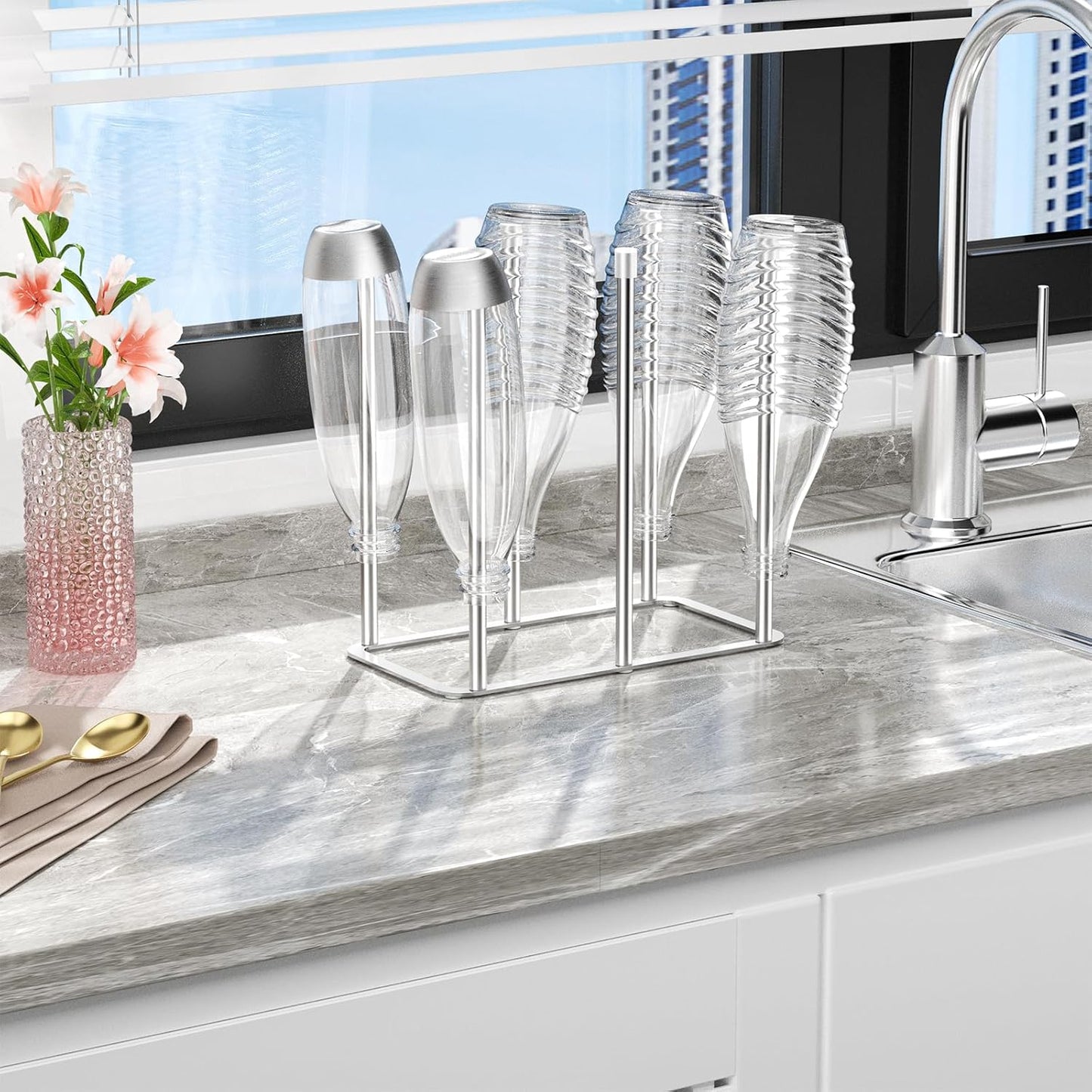 Water Bottle Drying Rack Reusable Bottle Rack Dryer Kitchen Stand Holder Metal Countertop Baby Bottle Drying Rack Water Cup Drying Rack for Plastic Bags, Bottles and Cups (Sliver, Small)