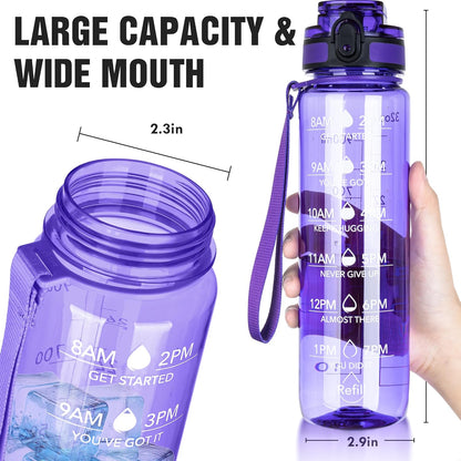 OLDLEY Water Bottle, 32oz Motivational Sports Water Bottle with Time Marker - Times to Drink - Tritan, BPA Free, Wide Mouth Leakproof, Clear (1 Bottle)