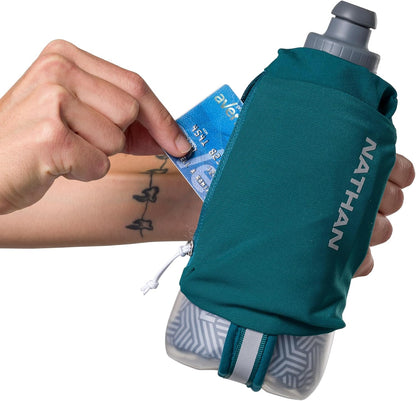 Nathan SpeedDraw 2 Insulated Handheld Running Water Bottle Flask 18oz – Double-Wall Insulation, Ergonomic Grip, Blast Valve Cap, Phone & Key Storage Pockets, Reflective Design