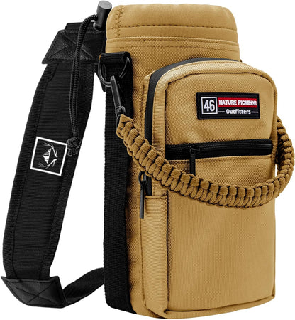 NATURE PIONEOR Water Bottle Holder with Adjustable Strap - 26/32/36/40/46/64oz Insulated Water Bottle Sling Carrier with Paracord Handle & 2 Pockets, Outdoor Sports, Hiking, Camping, Gym