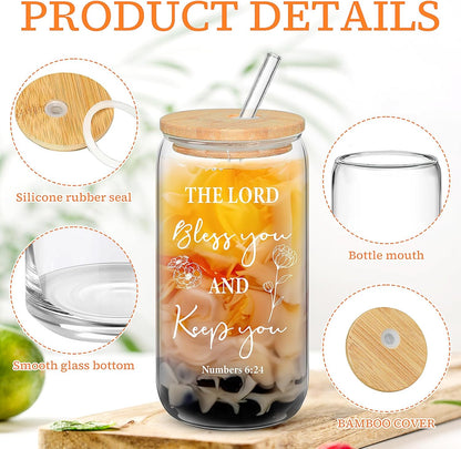 12 Set Christian Gifts Bulk 16oz Glass Cup with Lids Straws Can Shaped Bible Verse Coffee Cup Religious Gifts for Men Women Church Sunday School Bible Study