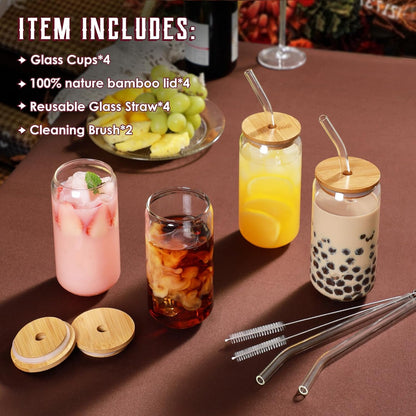 Drinking Glasses with Bamboo Lids and Glass Straw 4pcs Set - 16oz Glass Cups, Iced Coffee Glasses, Cute iced Tea Glasses, Beer Glasses, Ideal for Coffee Bar Accessories, Aesthetic Gift - 2 Brushes