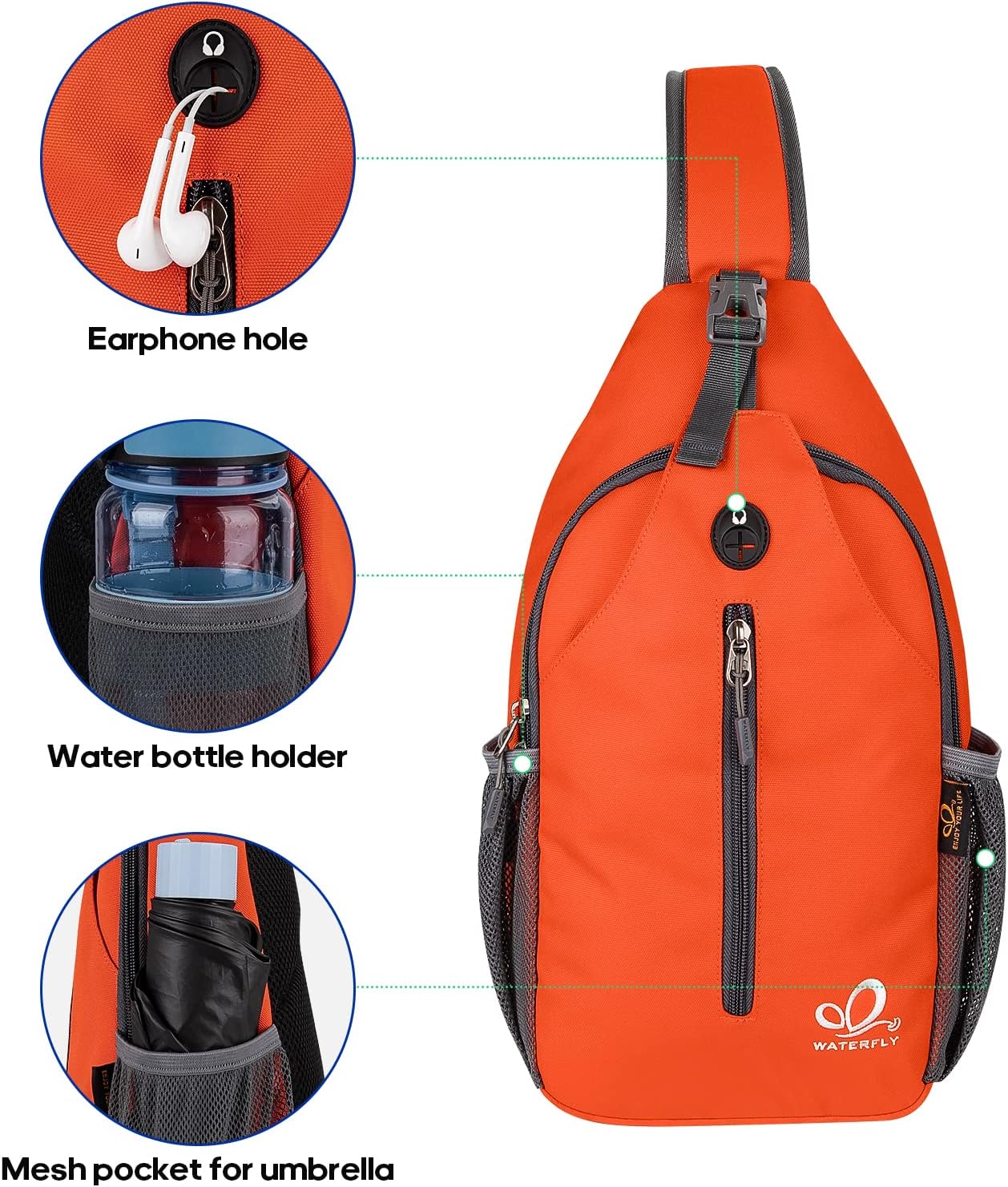 WATERFLY Crossbody Sling Backpack Sling Bag Travel Hiking Chest Bag Daypack (Black)