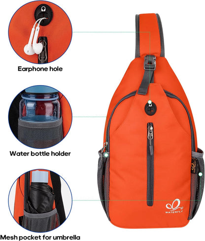 WATERFLY Crossbody Sling Backpack Sling Bag Travel Hiking Chest Bag Daypack (Black)