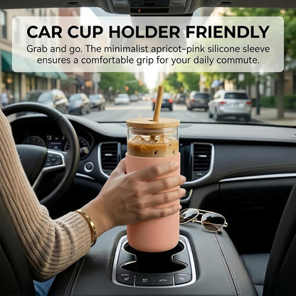 16oz Glass Tumbler with Lid and Straw, Thick Borosilicate Glass Iced Coffee Cup with Protective Silicone Sleeve, Car Cup Holder Friendly Reusable Smoothie Cup for Matcha Tea and Boba, Gift Box Ready