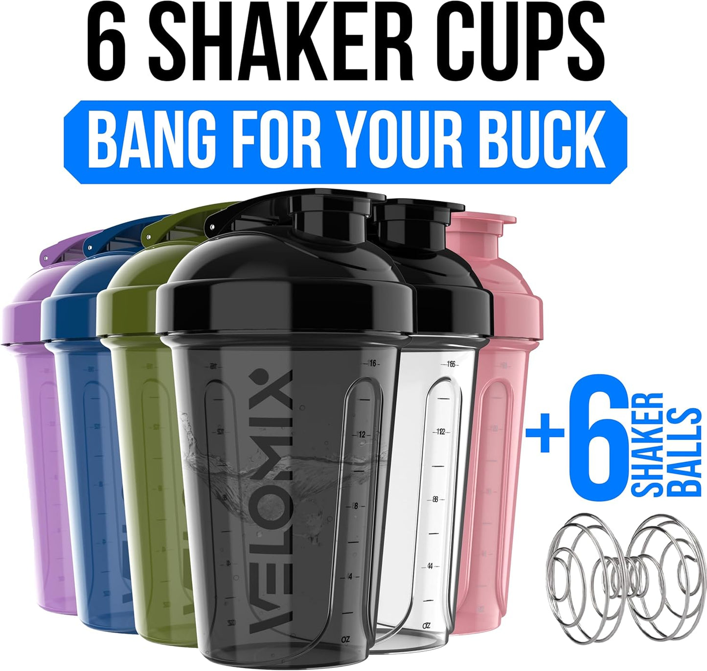 VELOMIX -6 PACK- 20 oz Protein Shaker Bottle for Protein Mixes - 6x Wire Whisk | Leak Proof Shaker Cups for Protein Shakes| Stackable Protein Shaker Bottle Pack | Dishwasher Safe (ALL IN BLACK)