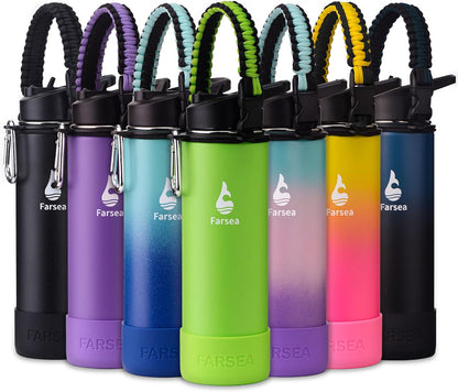 Farsea Insulated Water Bottle With Paracord Handle, Protective Silicone Boot and 2 Lids (Straw Lid & Spout Lid), Stainless Steel Water Bottle Wide Mouth, Double Wall Sweat-Proof BPA-Free, 24 oz