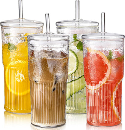 Iced Coffee Cups with Lids: Coffee Bar Accessories - Ribbed Glass Tumbler with Straw and Lid 4Pcs - 20oz Leak Proof Tumbler - Reusable Glass Cups and Tumblers with Lid and Straws for To Go Iced Coffee