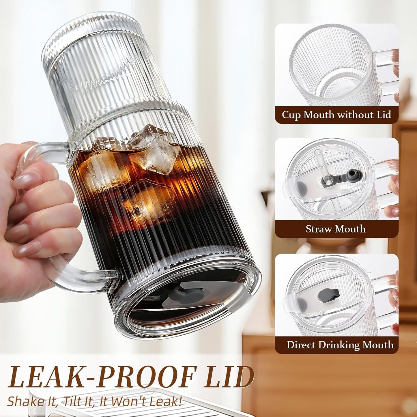 Iced Coffee Cups with Lids: Coffee Bar Accessories - Ribbed Glass Tumbler with Straw and Lid 4Pcs - 20oz Leak Proof Tumbler - Reusable Glass Cups and Tumblers with Lid and Straws for To Go Iced Coffee