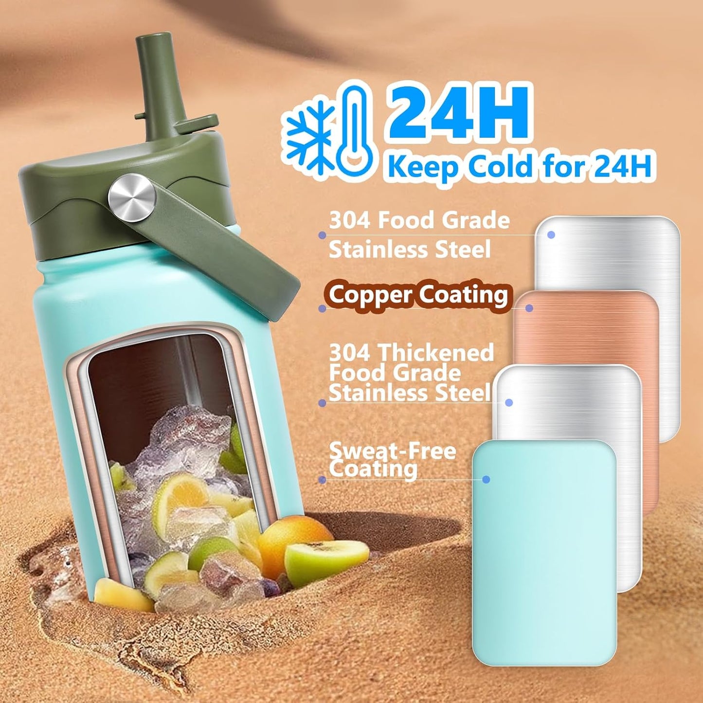 Insulated Water Bottle with Lid & Boot & Stickers, 24 oz Stainless Steel Sweat Free Bottle Keep Cold 24H, BPA-Free Sports Wide Mouth Water Bottle, BlueBlack