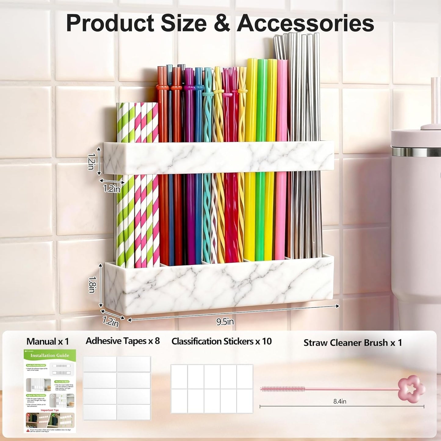 9.5” Large Acrylic Straw Holder for Cabinet Door, Reusable Adjustable Two-Part Straws Organizer with Ultra Sticky Adhesive Strips, 2026 Straw Storage for Kitchen Cupboard (Transparent)