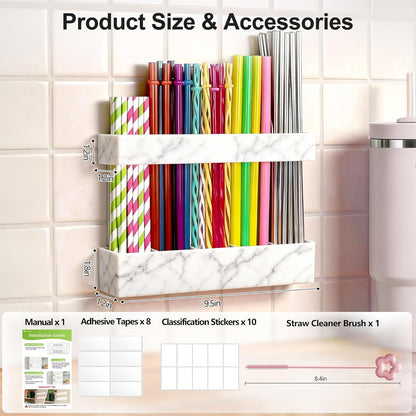 9.5” Large Acrylic Straw Holder for Cabinet Door, Reusable Adjustable Two-Part Straws Organizer with Ultra Sticky Adhesive Strips, 2026 Straw Storage for Kitchen Cupboard (Transparent)