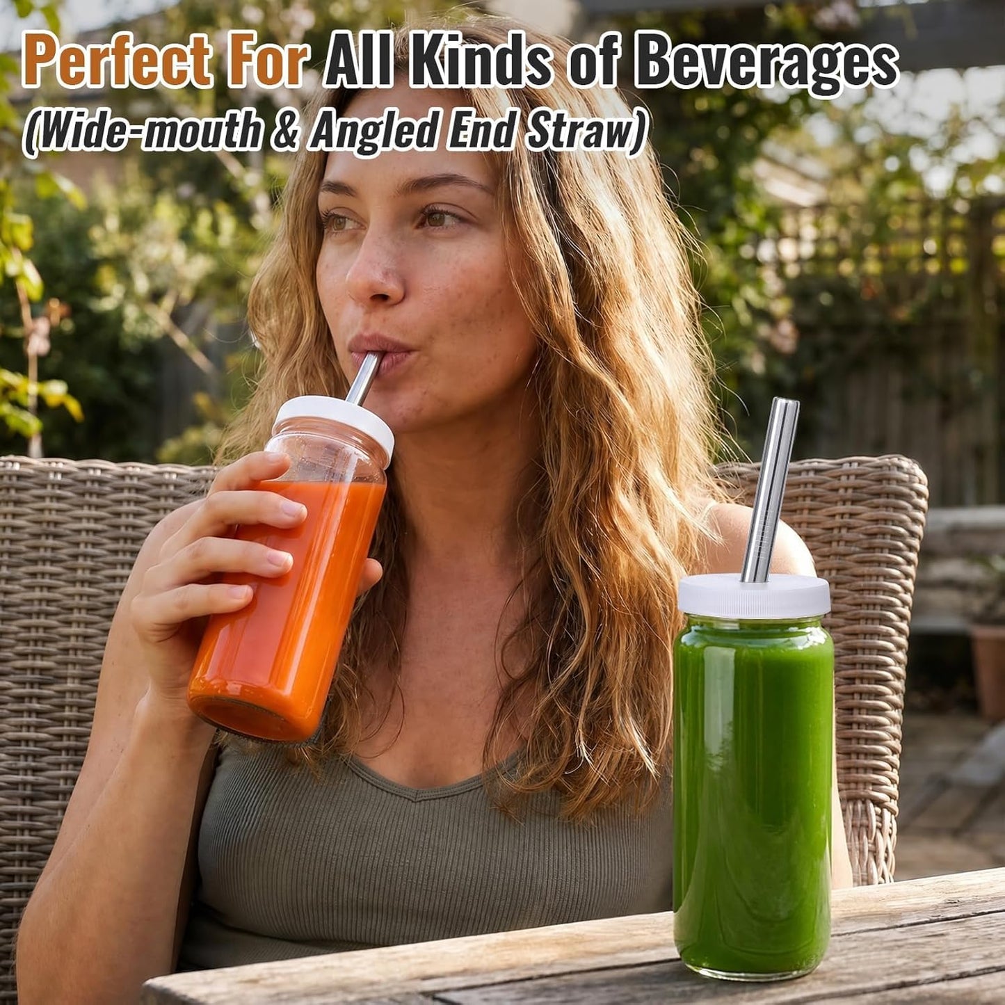 8 Pack 16OZ Glass Juice Bottles with 8 Airtight Lids & 2 Straw Lids & 2 Straws - Freezable Juice Container, Travel Juicing Jars, Drinking Water Cups - Reusable Tall Mason Jar for Tea, Juice, Smoothies