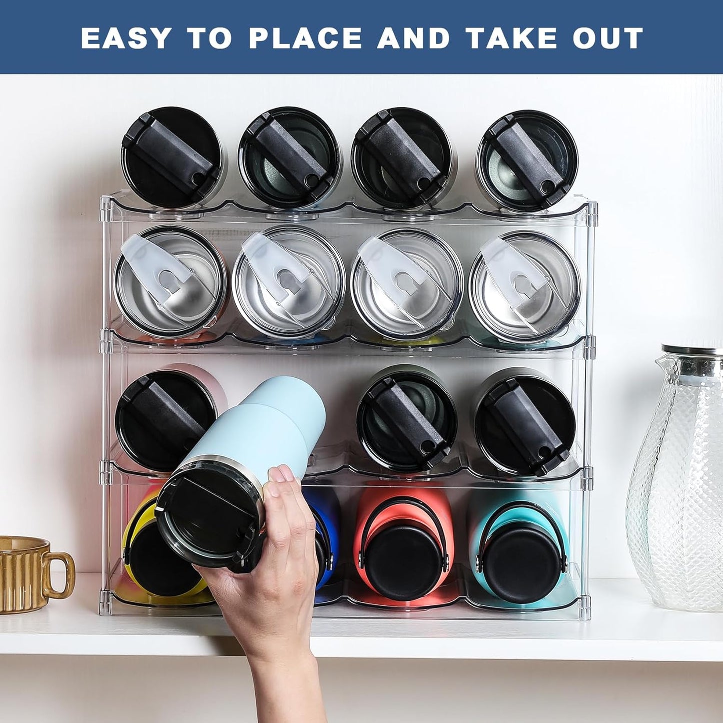 LARGER Compartment - 3 Tier Stackable Water Bottle Organizer Holder - for Stanley 40oz & Others' Large Tumbler - Clear Wine Rack, 12 Cup Bottle Holder for Cabinet Home Countertop Fridge Pantry Shelf