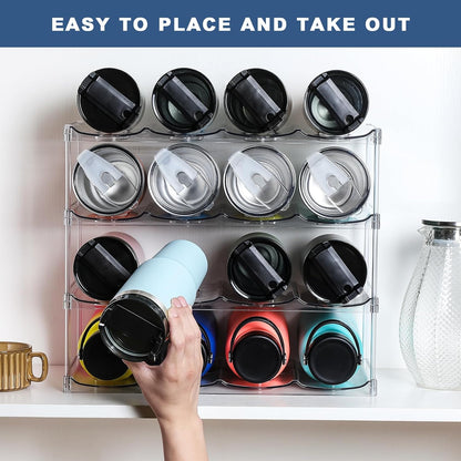 LARGER Compartment - 3 Tier Stackable Water Bottle Organizer Holder - for Stanley 40oz & Others' Large Tumbler - Clear Wine Rack, 12 Cup Bottle Holder for Cabinet Home Countertop Fridge Pantry Shelf