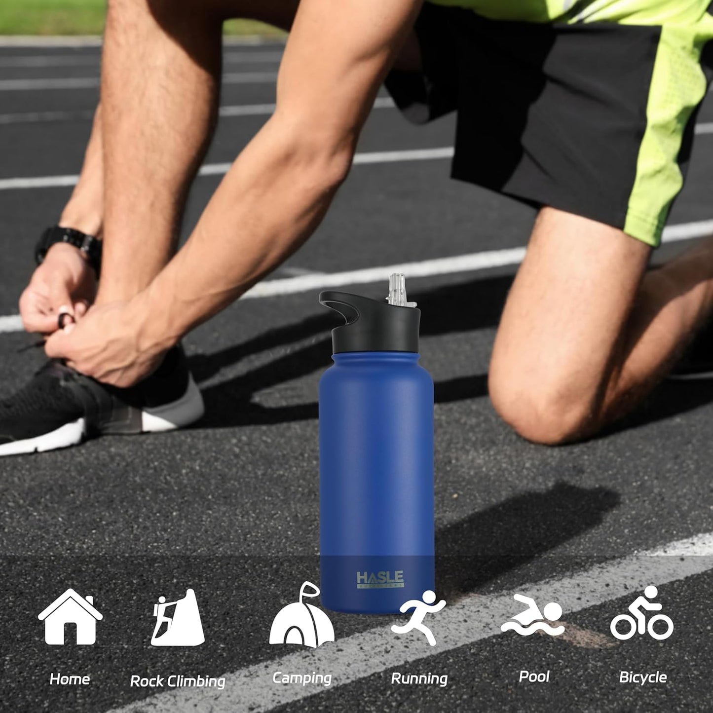 HASLE OUTFITTERS 32 oz Insulated Water Bottle Stainless Steel Double Walled Vacuum Sports Water Bottle with 2 Lids (Straw and Spout Lid) for Gym Camping Hiking(Black,1)