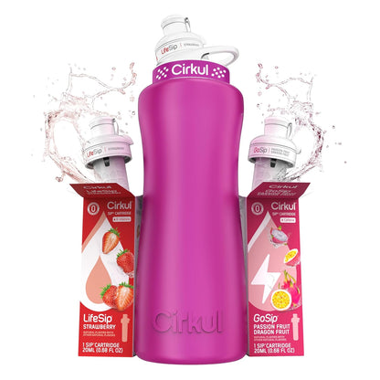 Cirkul 32oz. Chameleon Stainless Steel Water Bottle Starter Kit with Green Lid, 2 Flavor Cartridges (1 LifeSip Blackberry Blueberry, 1 GoSip Berry Blue Punch) No Sugar, Zero Calorie Drink Mix