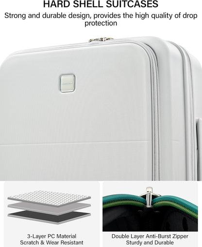 Hanke 20 Inch Expandable Carry On Luggage with Cup Holder 22x14x9 Airline Approved, Top Opening Hard Shell Suitcases with Wheels, Carry-On Travel Suitcase Trunk Luggage with Lock, Smoke White