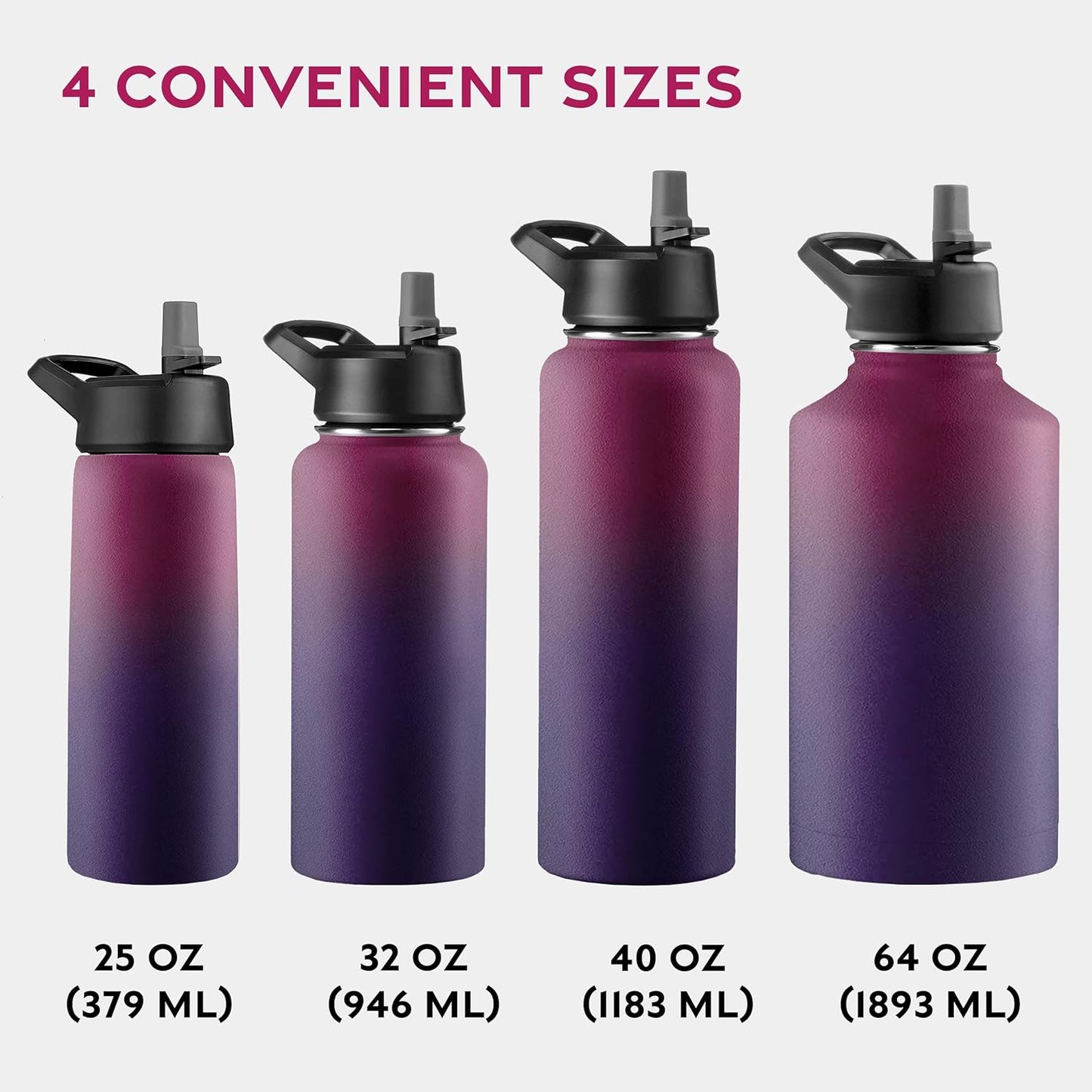 FineDine Water Bottle - Stainless Steel Insulated Water Bottle with Straw Lid, Flip Lid & Wide-Mouth Cap - Keeps Hot and Cold - 25 Oz / 739ml - Dreamy Purple