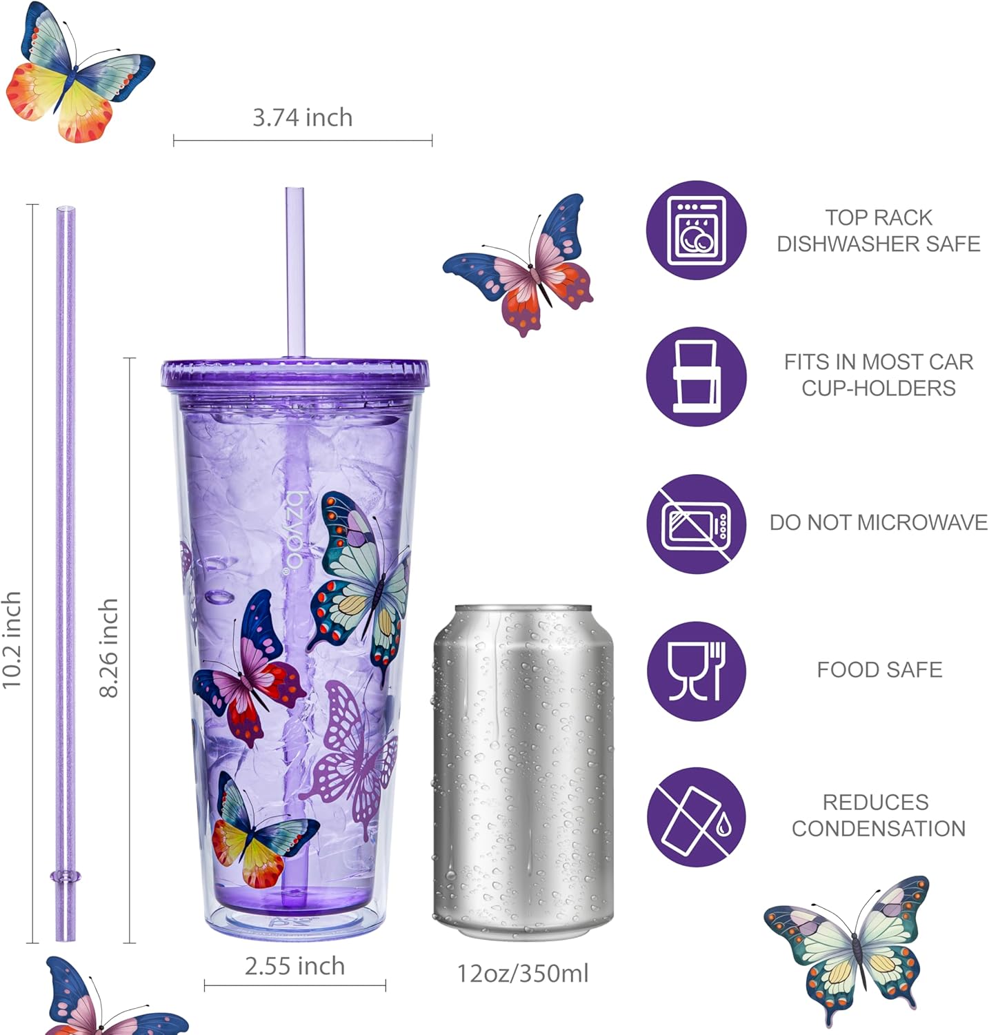 bzyoo SIP 24oz (710ml) Double Wall Plastic Tumbler with Lid and Straw Cold Drink Travel Mug Reusable Party Cup Perfect for Office Ice Coffee or Tea and Gift Color: Pink & Purple
